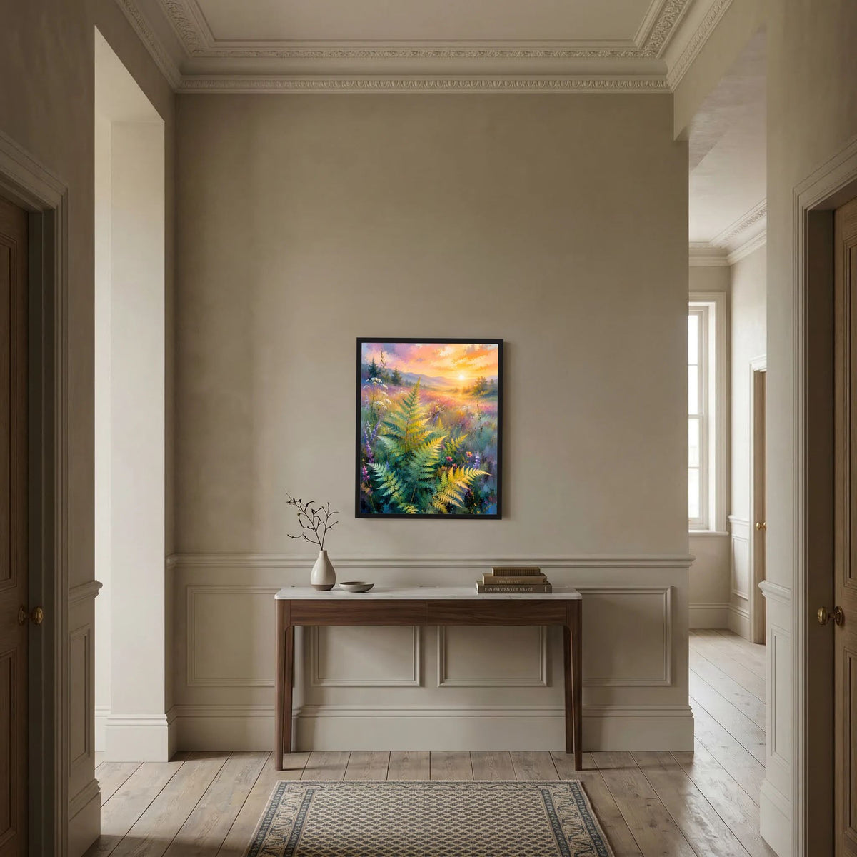 Gerahmtes Naturposter im Hochformat mit abstrakter Farnlandschaft in Pastellfarben, goldener Morgenhimmel