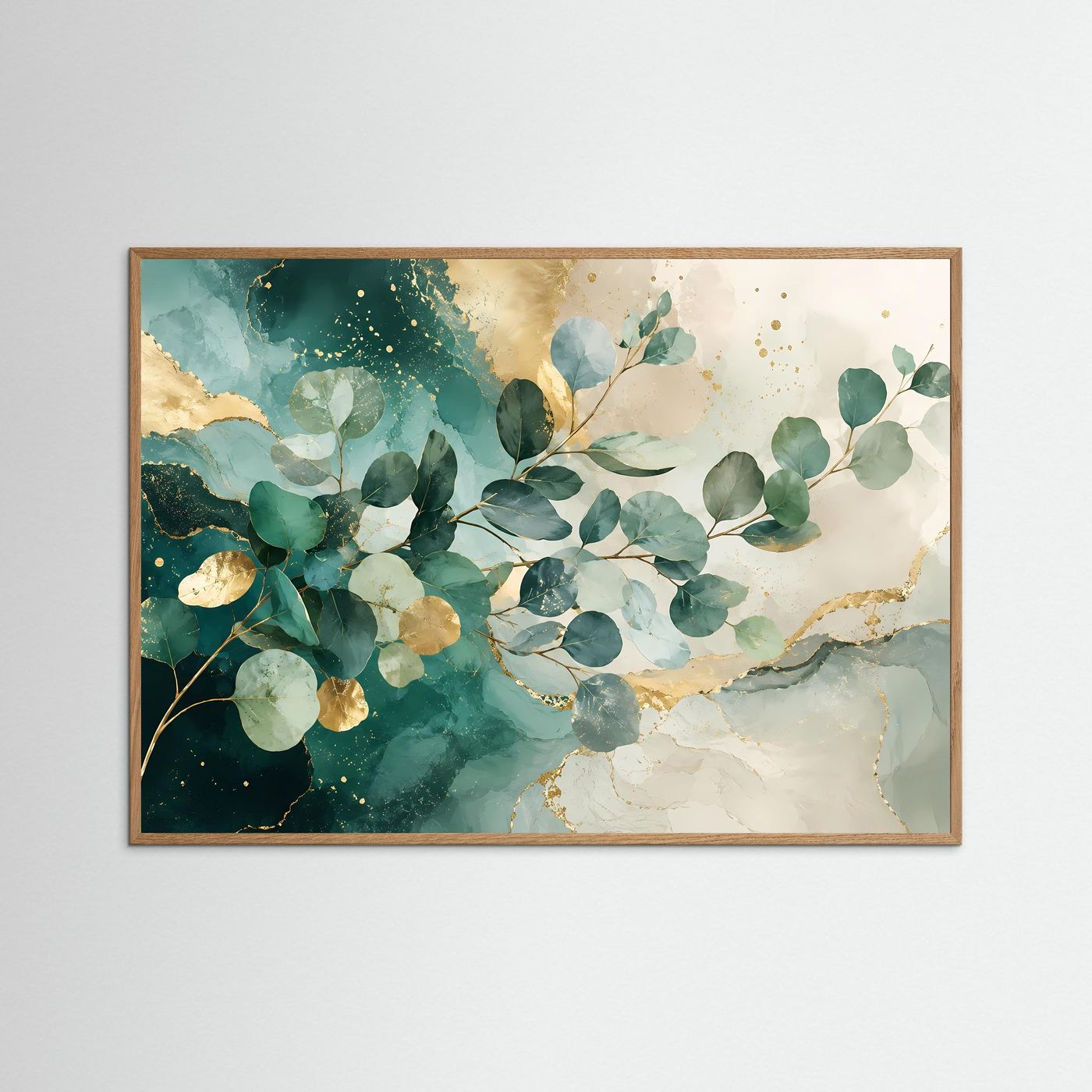 Eukalyptus Blätter Poster Querformat | Abstrakte Botanische Wandkunst in Grün & Gold | Modernes Natur Wandbild