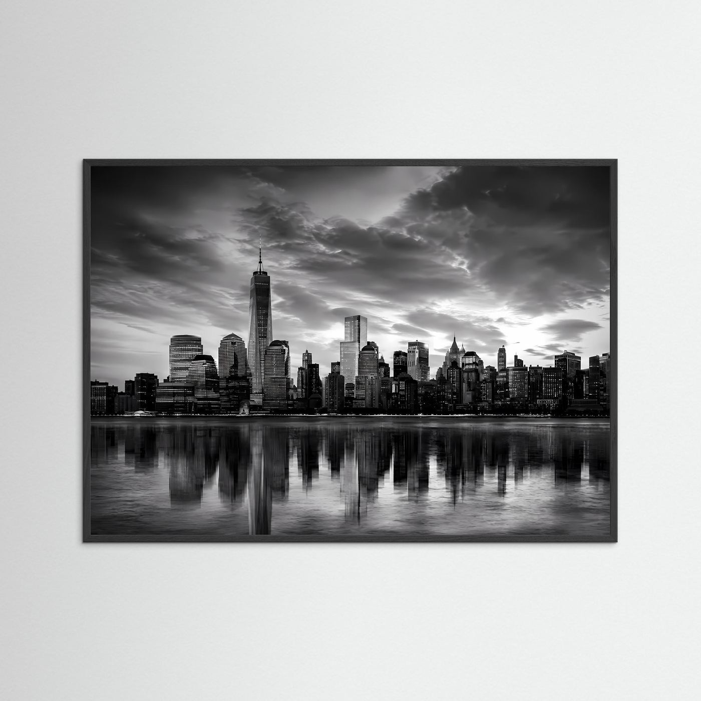 Schwarzweiß-Stadtpanorama als Poster mit Skyline und Spiegelung, schwarzer Rahmen