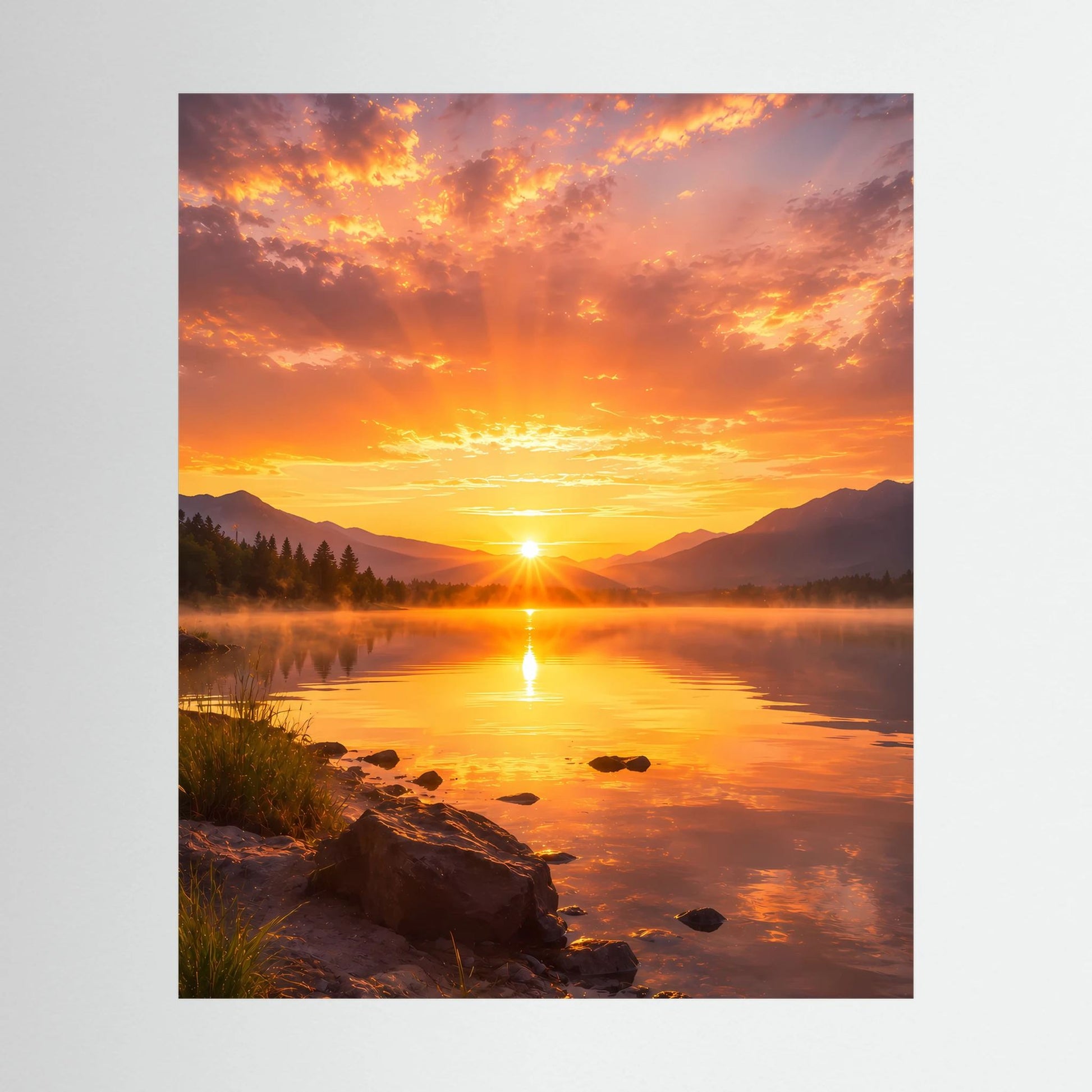 Poster im Hochformat mit leuchtendem Sonnenuntergang am Bergsee und Spiegelung im Wasser
