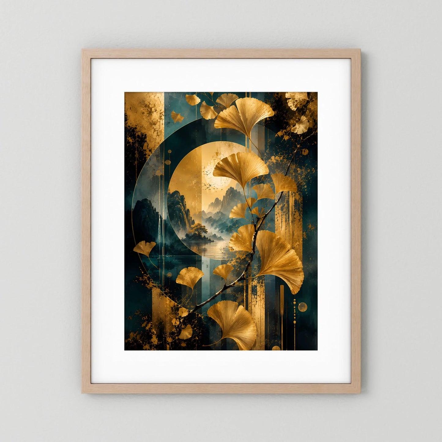 Ginkgo-Poster im Hochformat mit hellem Holzrahmen und weißem Passepartout, goldene Blätter
