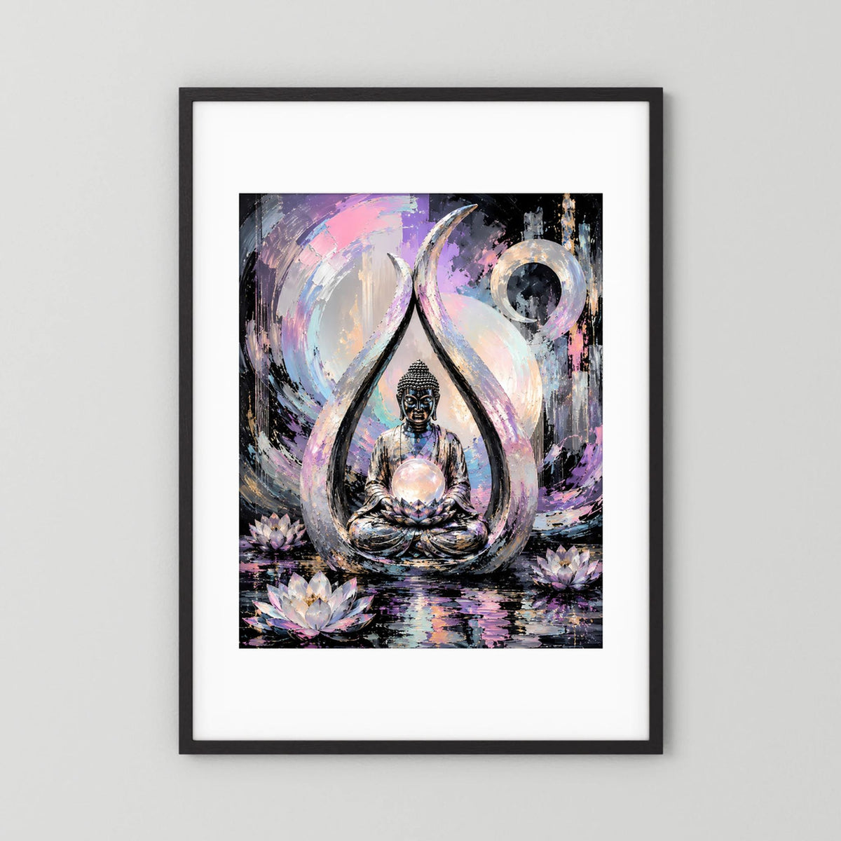Gerahmtes Kunstposter mit weißem Passepartout: Buddha im Lotus im Kreis, Pastellfarben, schwarzer Rahmen