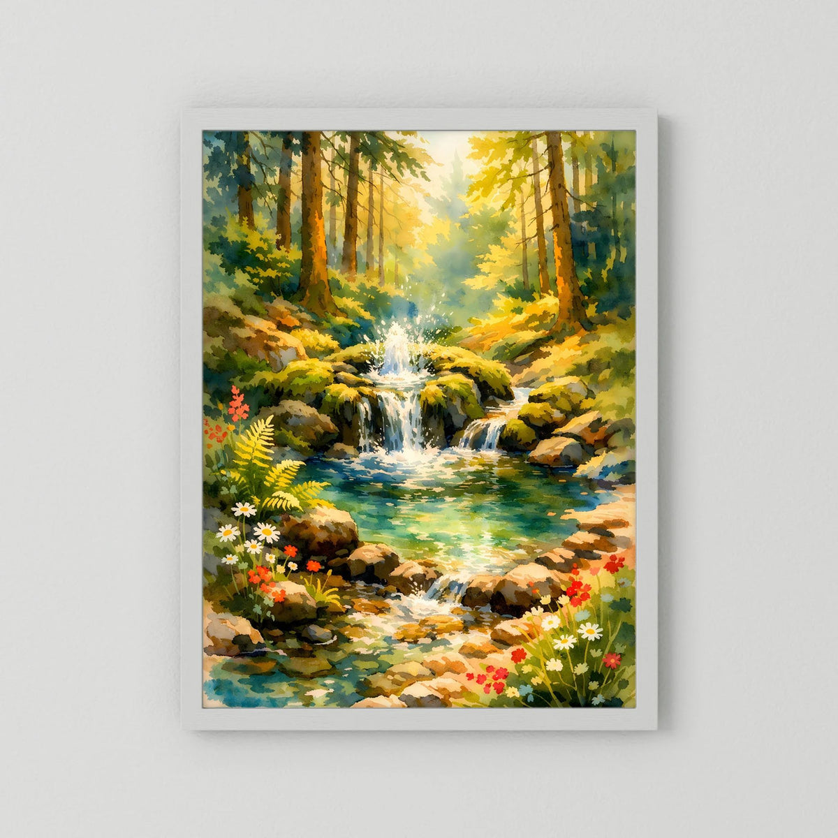 Hochformatiges Poster mit Waldwasserfall, Bach und Blumen, grauer Passepartout, weißer Rahmen.