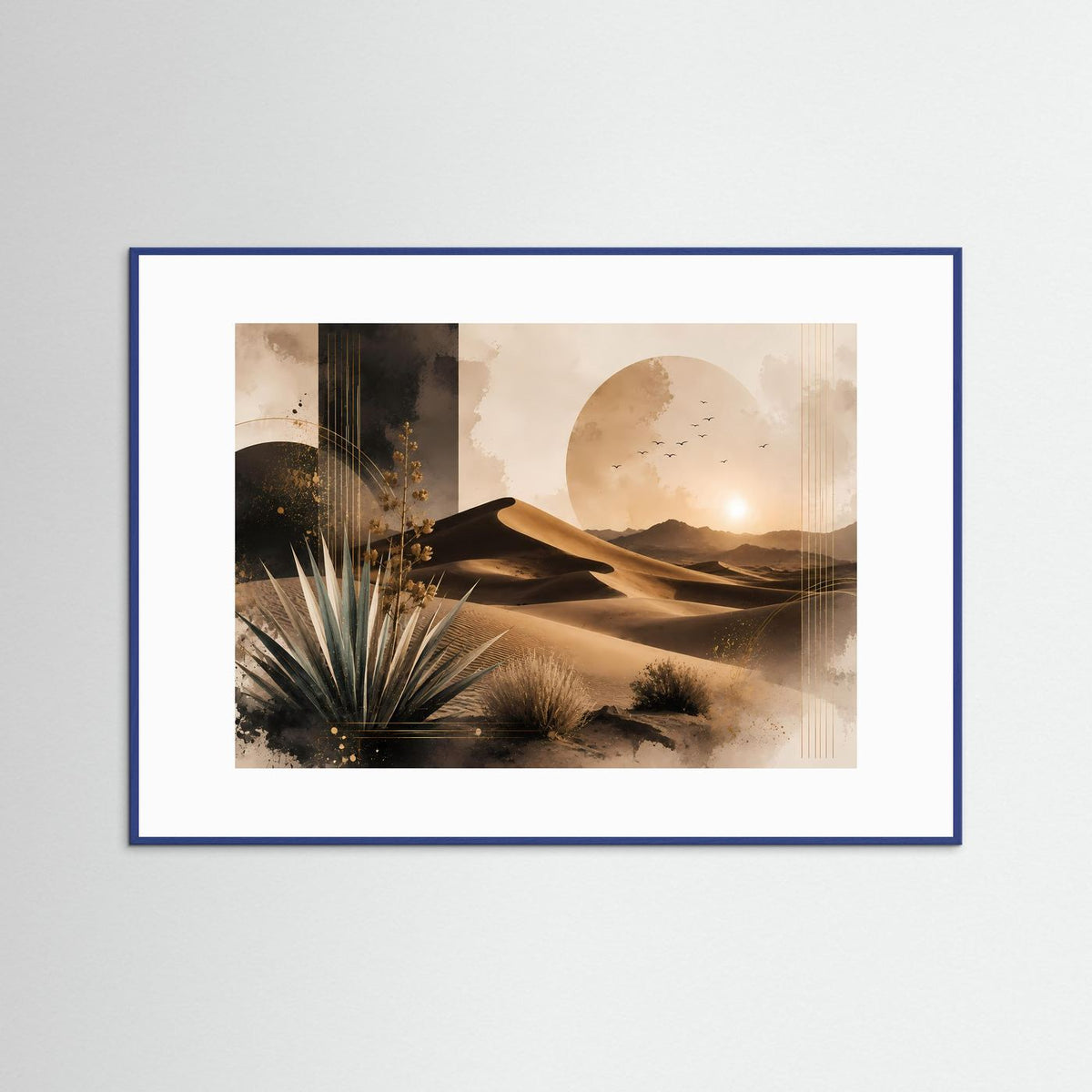 Querformat-Poster mit abstrakten Sanddünen, Palmen und goldenem Sonnenuntergang im blauen Rahmen