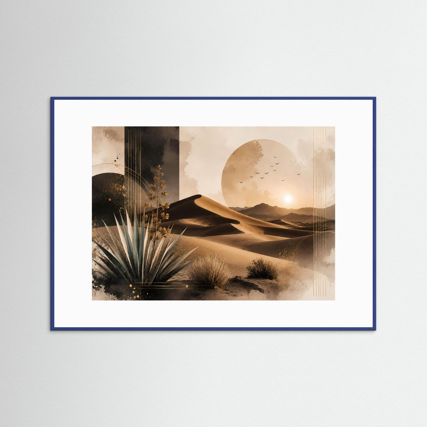 Querformat-Poster mit abstrakten Sanddünen, Palmen und goldenem Sonnenuntergang im blauen Rahmen