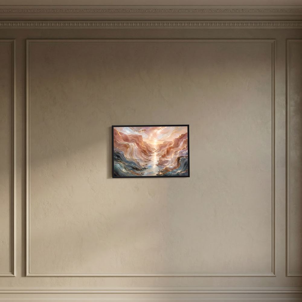 Poster im schwarzen Rahmen: abstrakte Canyonlandschaft mit Fluss in Roségold