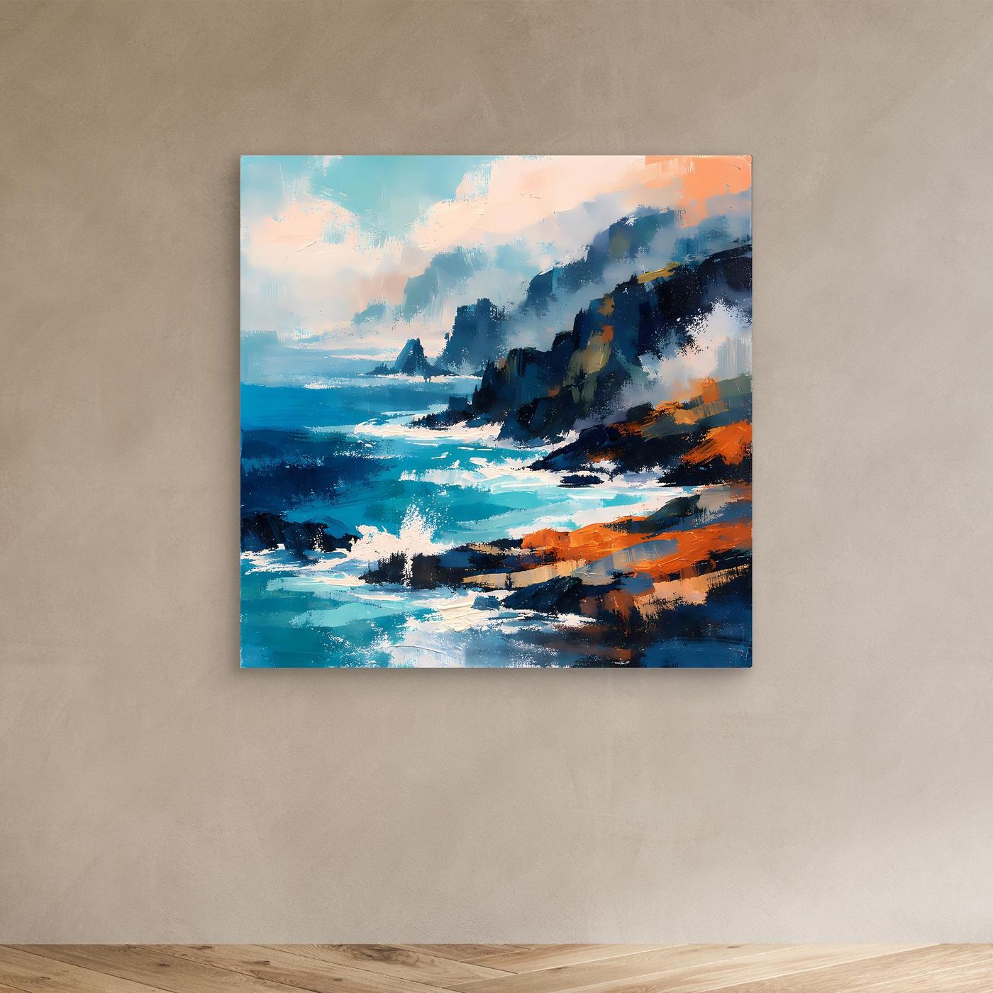 Abstraktes Meeres-Wandbild auf Leinwand mit türkisblauem Meer und orangefarbenen Akzenten