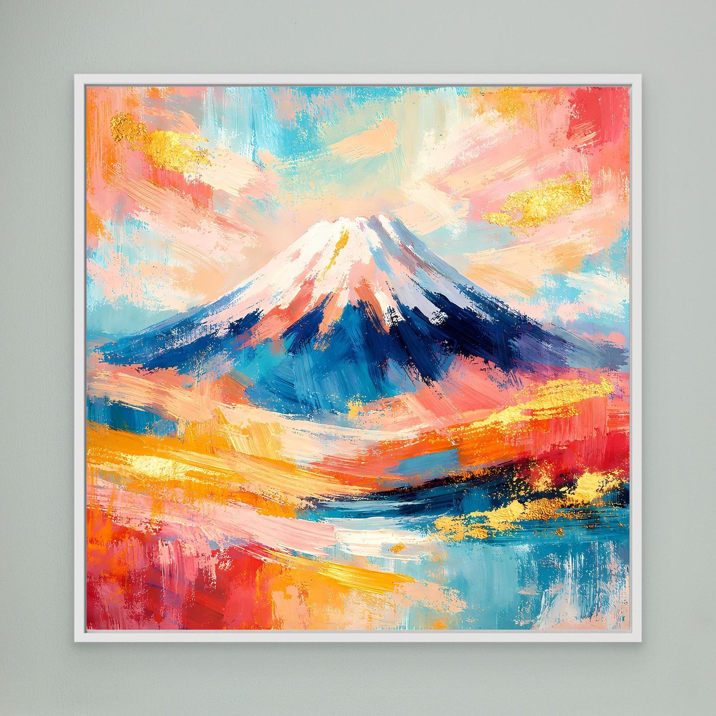 Leinwandbild mit abstraktem Mount-Fuji-Bergmotiv, weißer Rahmen, farbige Pinselstriche