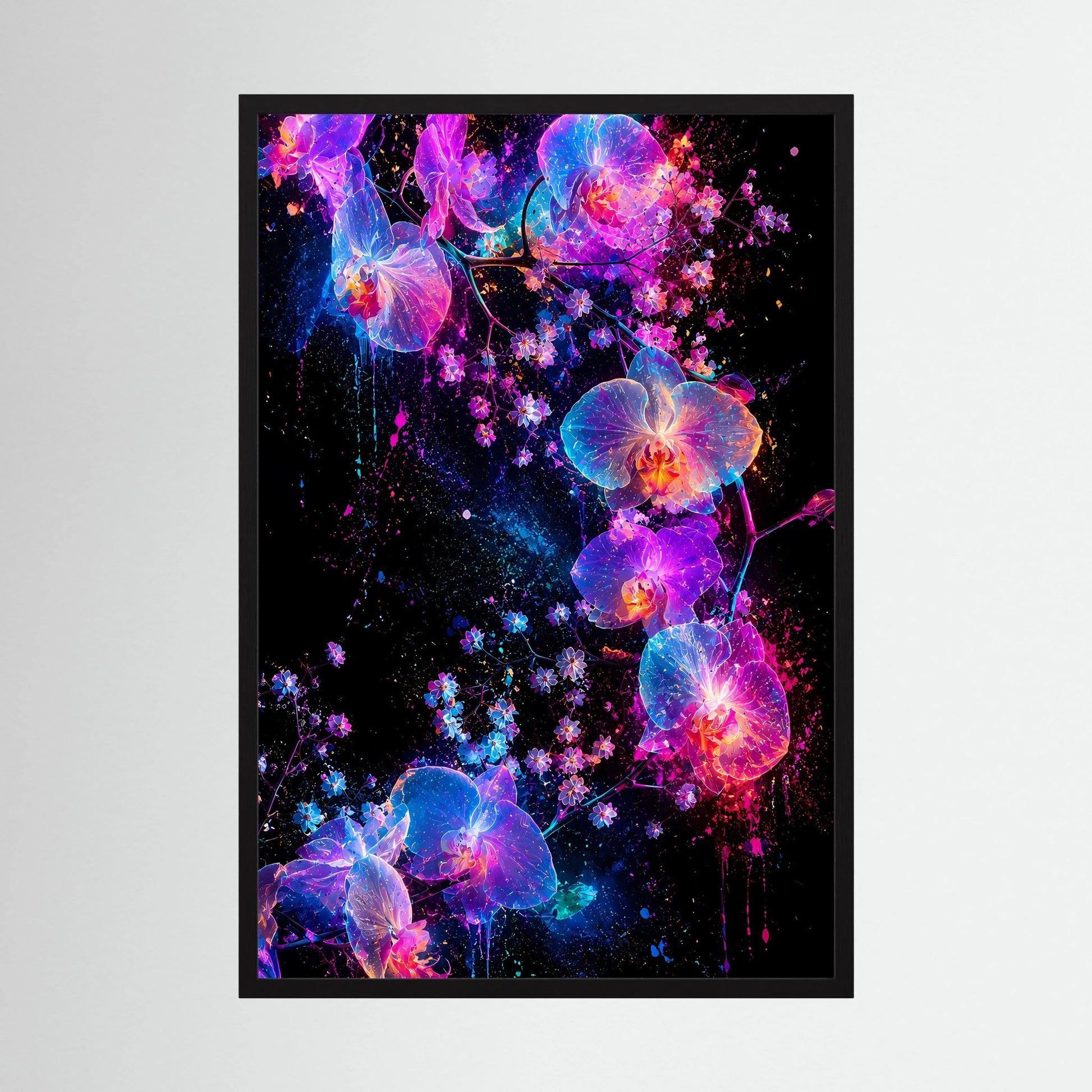 Leuchtendes Orchideen-Kunstposter mit schwarzem Rahmen, Neonblau, Pink und Violett