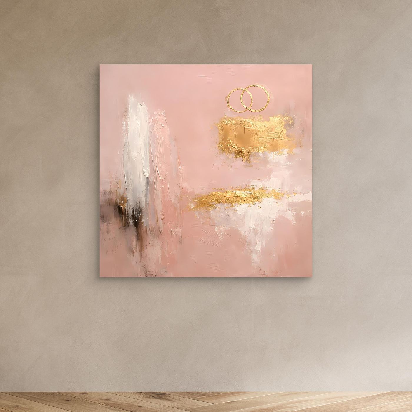 Leinwand Abstraktes Hochzeitsgemälde in Altrosa und Gold | Modernes Wandbild Eheringe