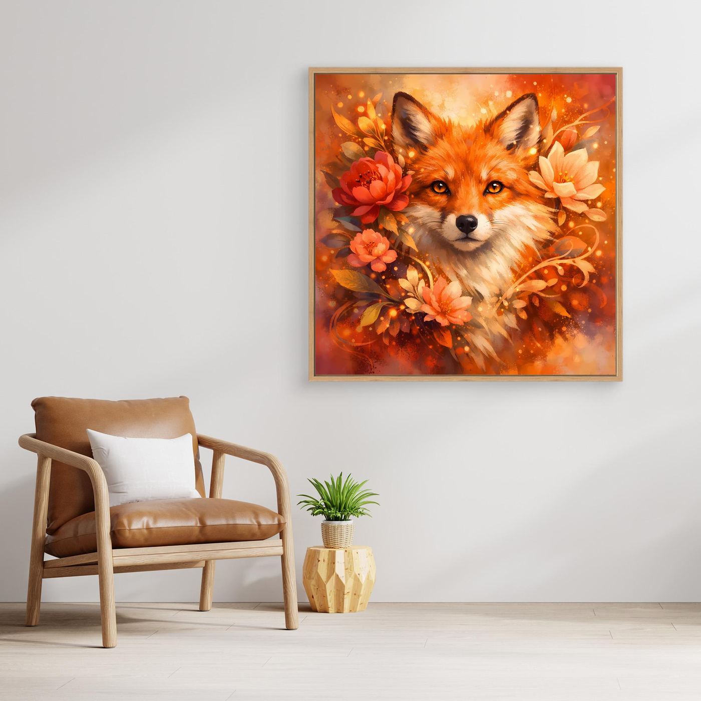 Leinwandbild mit Fuchs im Blumenkranz, orangefarbenes Motiv, goldfarbener Rahmen