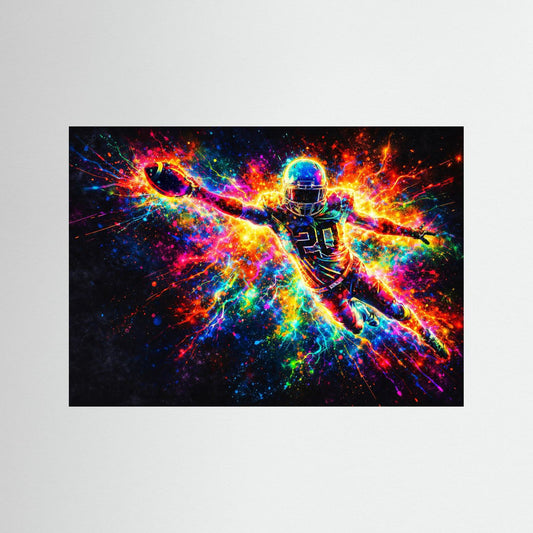 American-Football-Poster mit leuchtendem Neon-Quarterback im Touchdown-Actionstil.