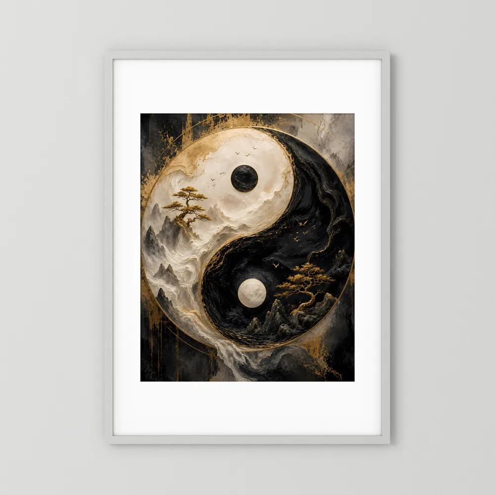Vertikales Poster mit Yin-Yang-Motiv im weißen Rahmen, Schwarz-Gold, Berglandschaft