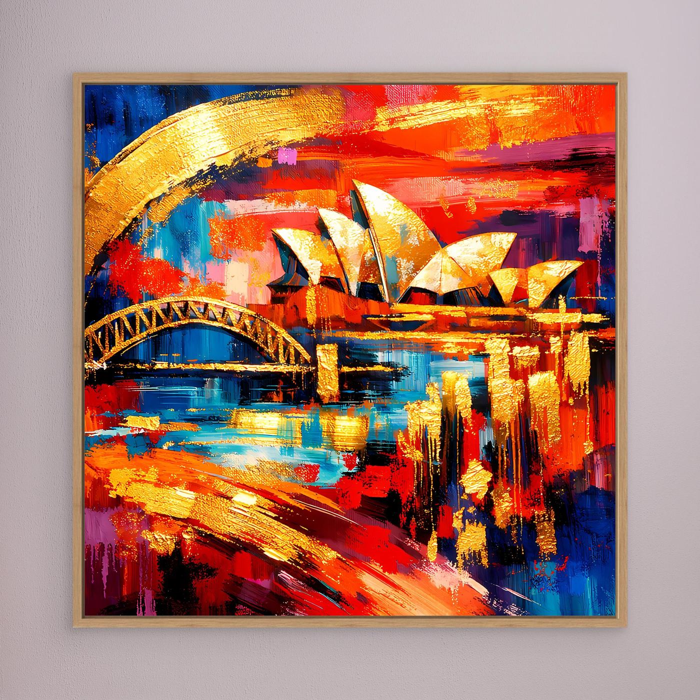 Gerahmtes abstraktes Leinwandbild mit goldenen Pinselakzenten, Opernhaus und Harbour-Bridge