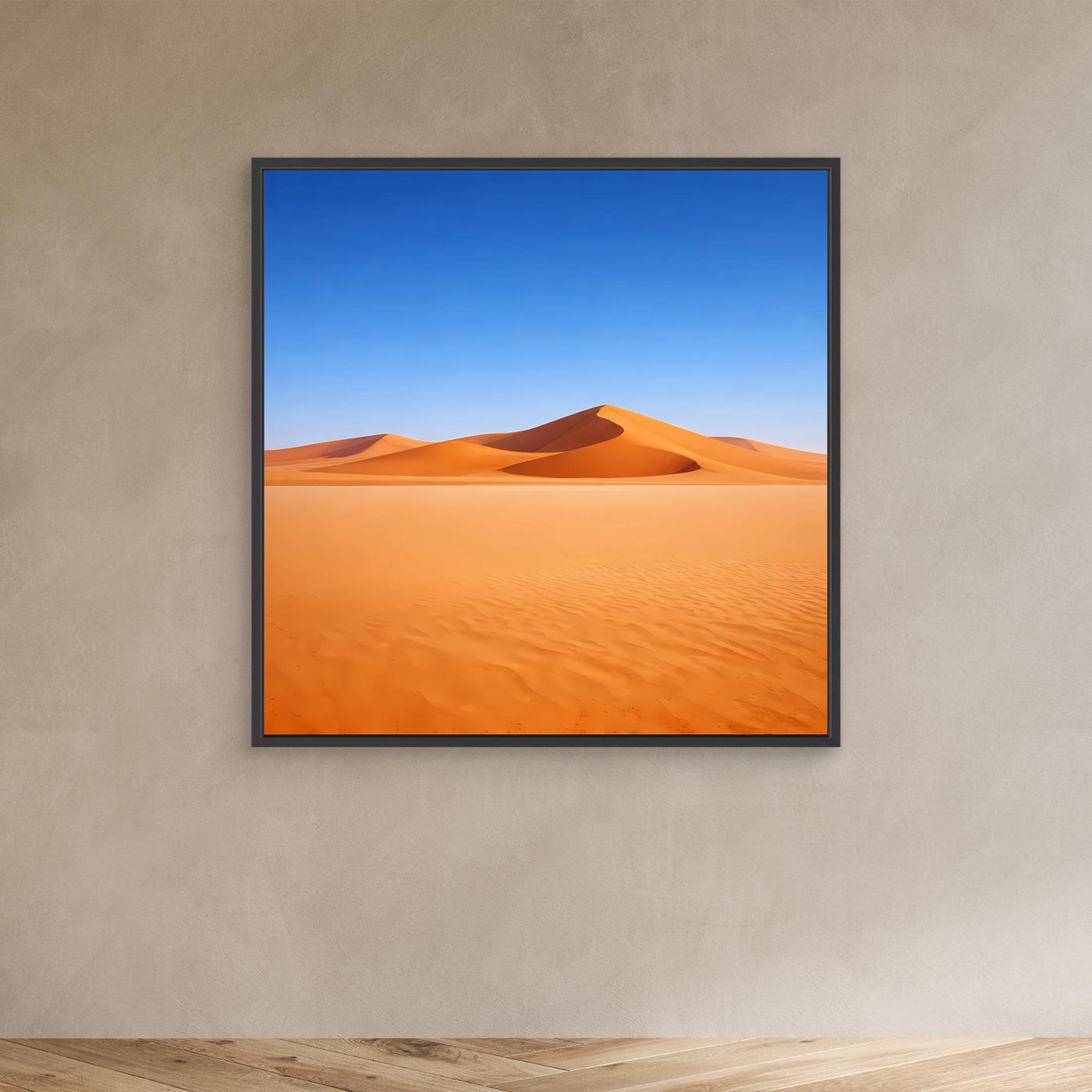 Leinwandbild mit Sanddünen in Orange und Blau, schwarzer Rahmen