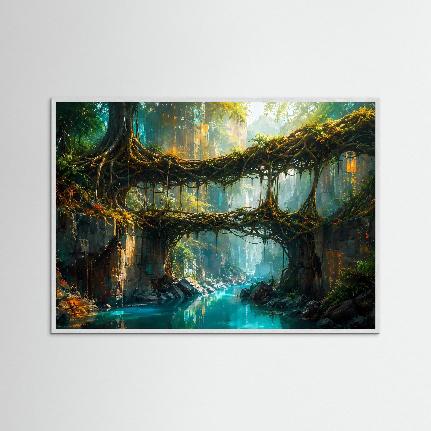 Regenwald-Wandbild mit Wurzelbrücke über Fluss im weißen Holzrahmen.
