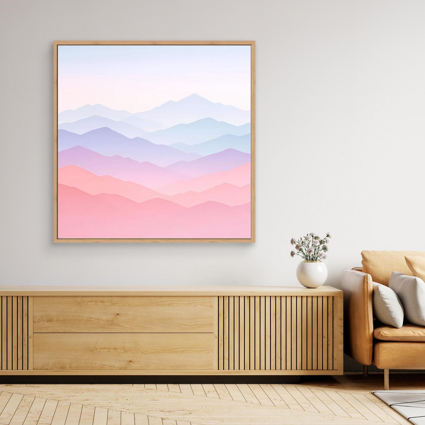 Leinwandbild mit pastellfarbenem Bergpanorama im Eichenrahmen