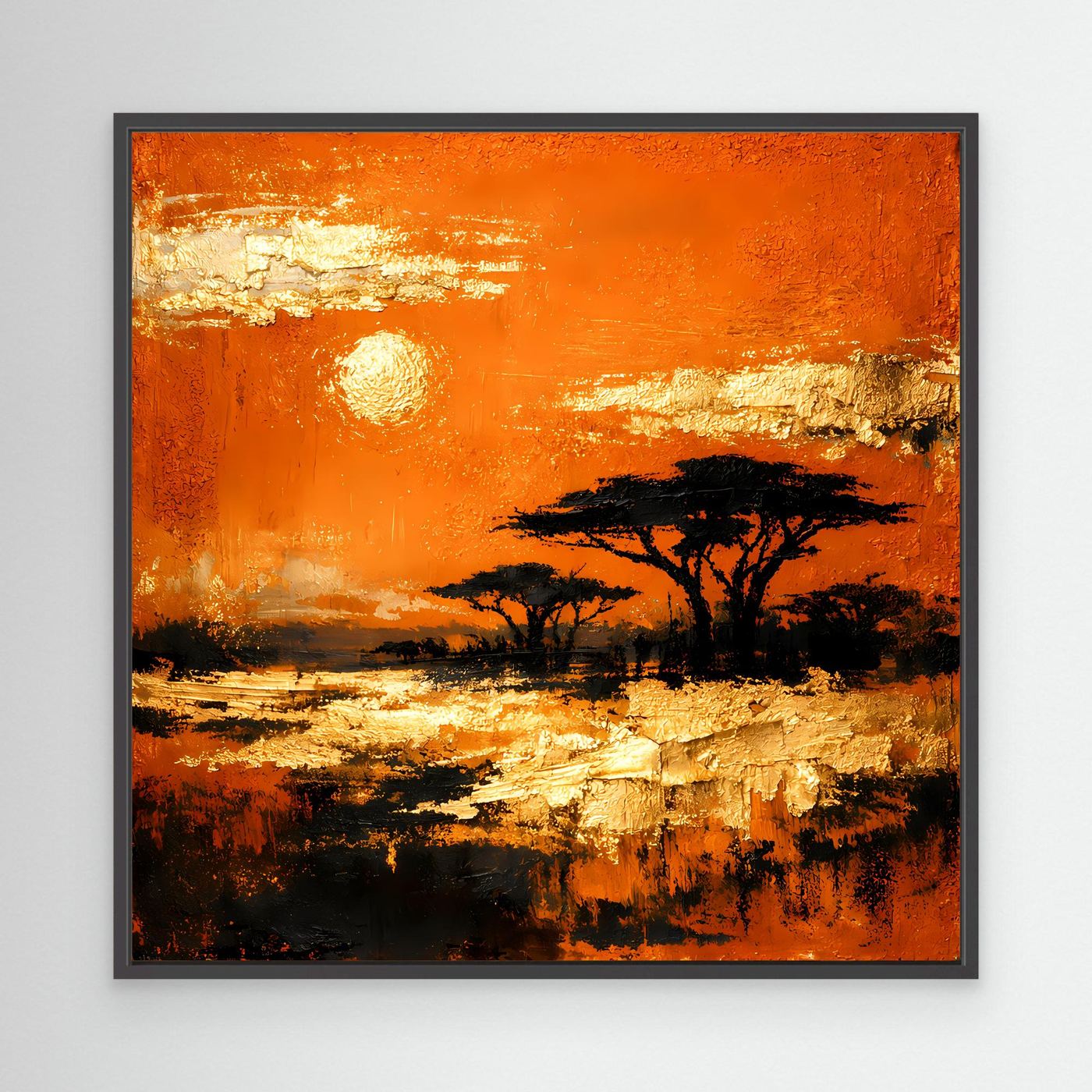 Leinwand Abstraktes Savannen-Panorama | Modernes Afrika Wandbild in Orange und Goldblättern
