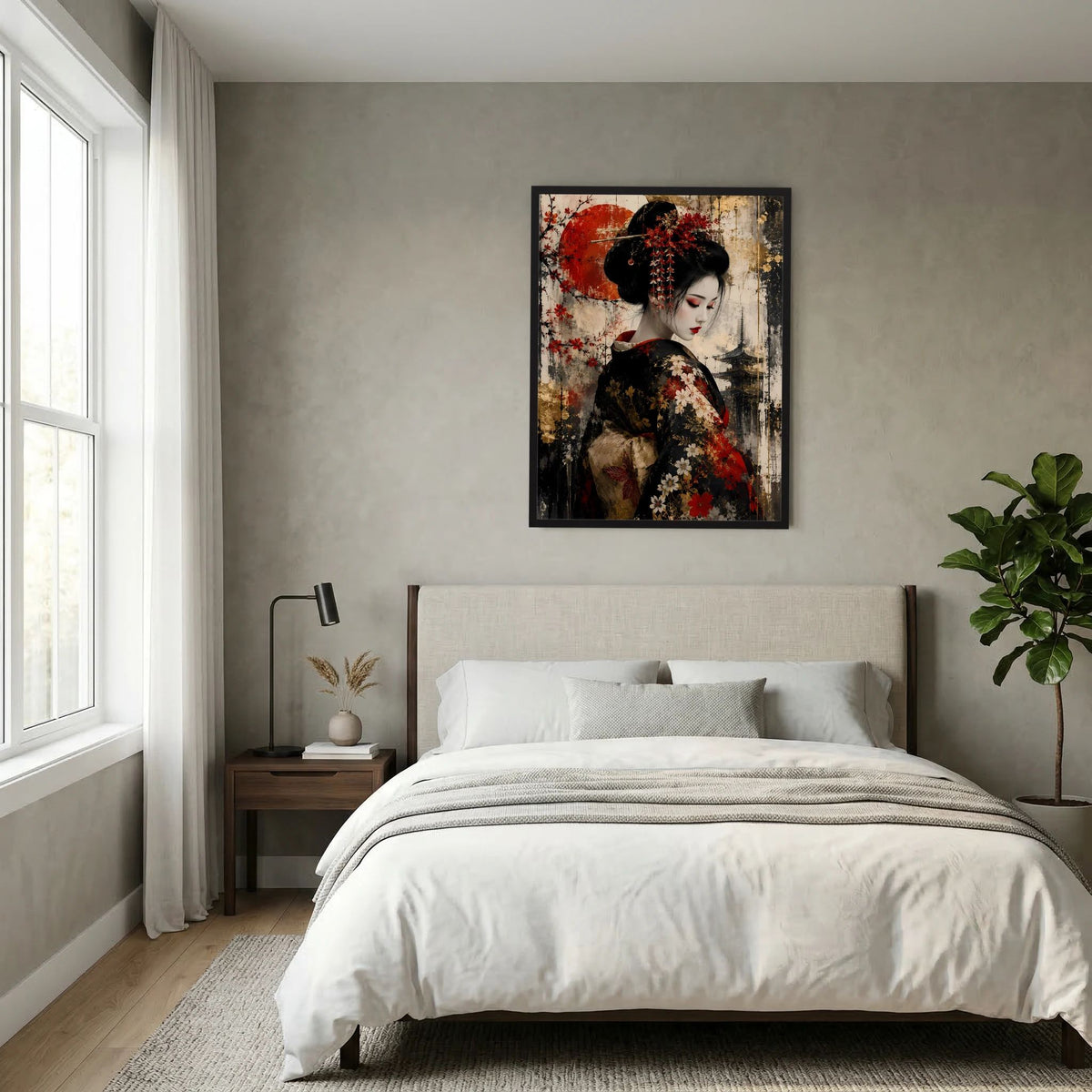 Hochformatiges Poster mit schwarzem Rahmen: japanische Frau in dunklem Kleid mit roten Blüten