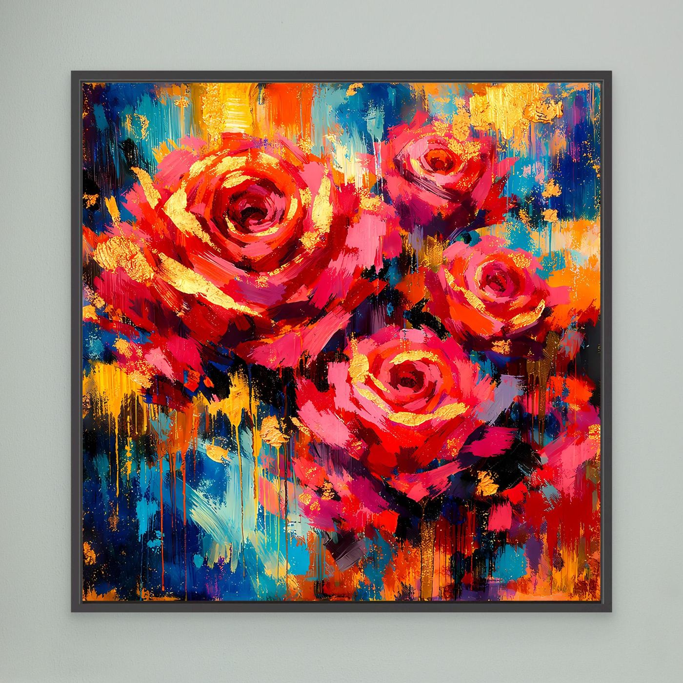 Leinwandbild mit abstrakten Rosen in Rot, Gelb und Blau, mit schwarzem Rahmen