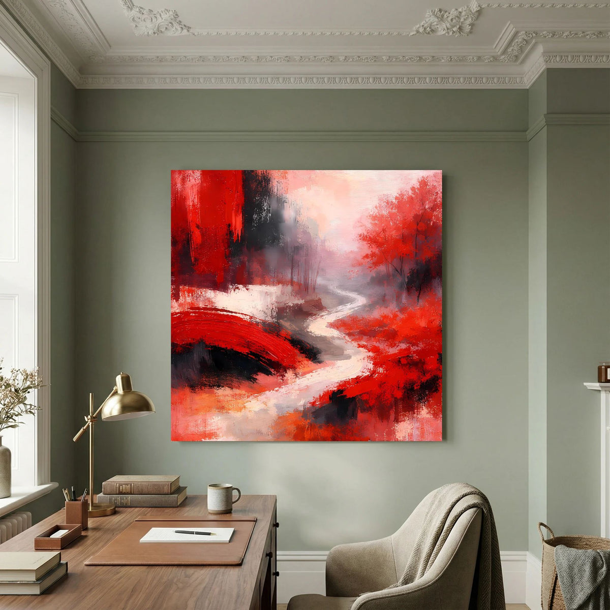 Rotes Leinwand-Wandbild mit abstrakter Flussbrücke, schwarz-grauer Nebel und weißem Weg