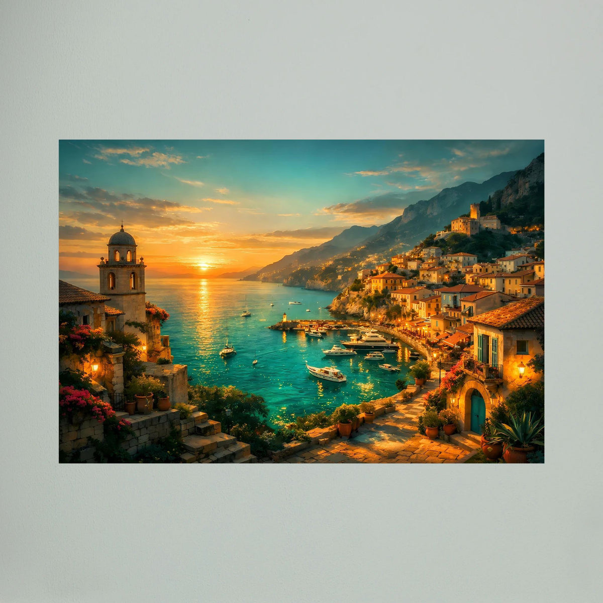 Querformatiges Wandbild mit Sonnenuntergang über dem Meer, Küstenstadt und Hafenbucht