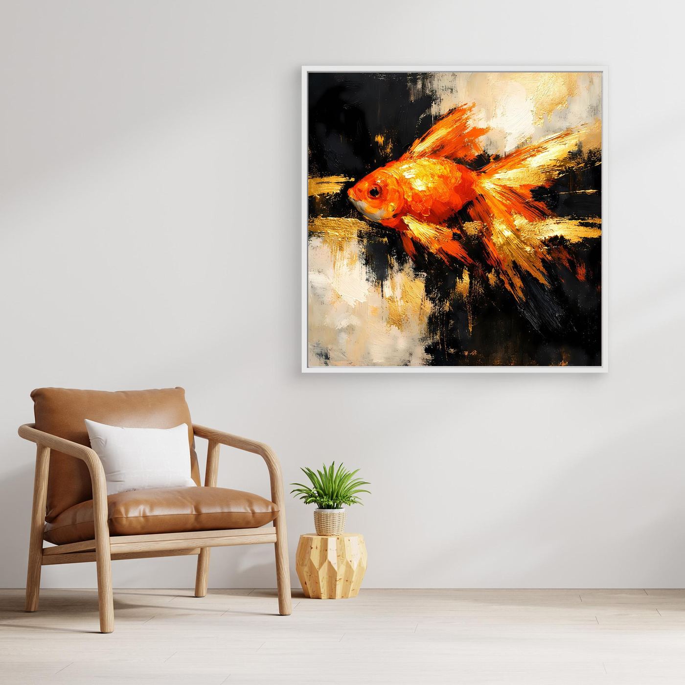 Leinwand Dynamischer Goldfisch in Orange und Gold | Abstraktes Tier Wandbild