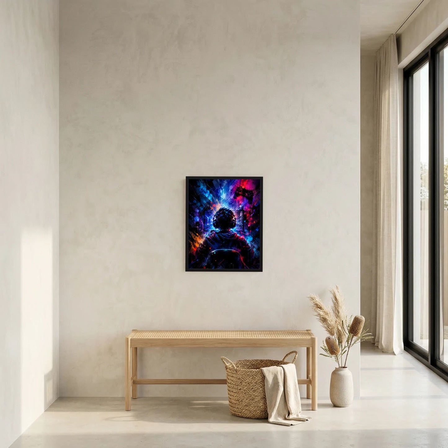 Neon-Gaming-Poster mit Gamer im Headset und Controller, im schwarzen Rahmen