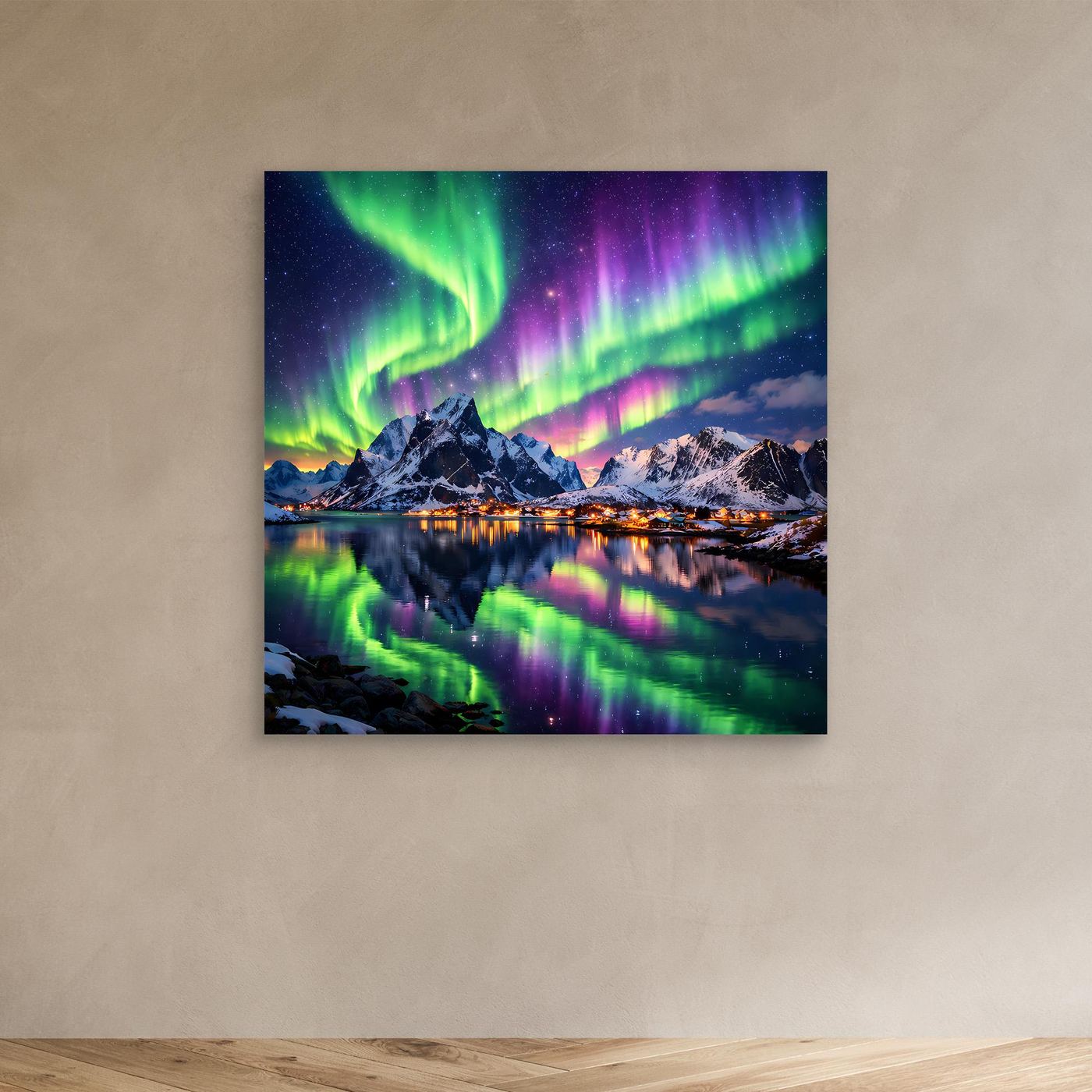 Leinwandbild mit Polarlichtern über Berglandschaft, ohne Rahmen
