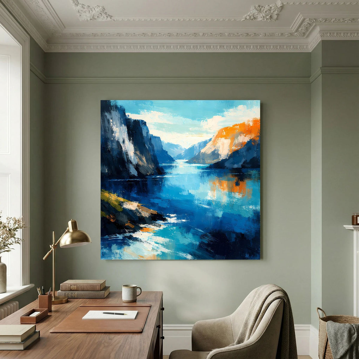Leinwand Abstraktes Fjord Gemälde | Modernes Norwegisches Wandbild Blau Orange