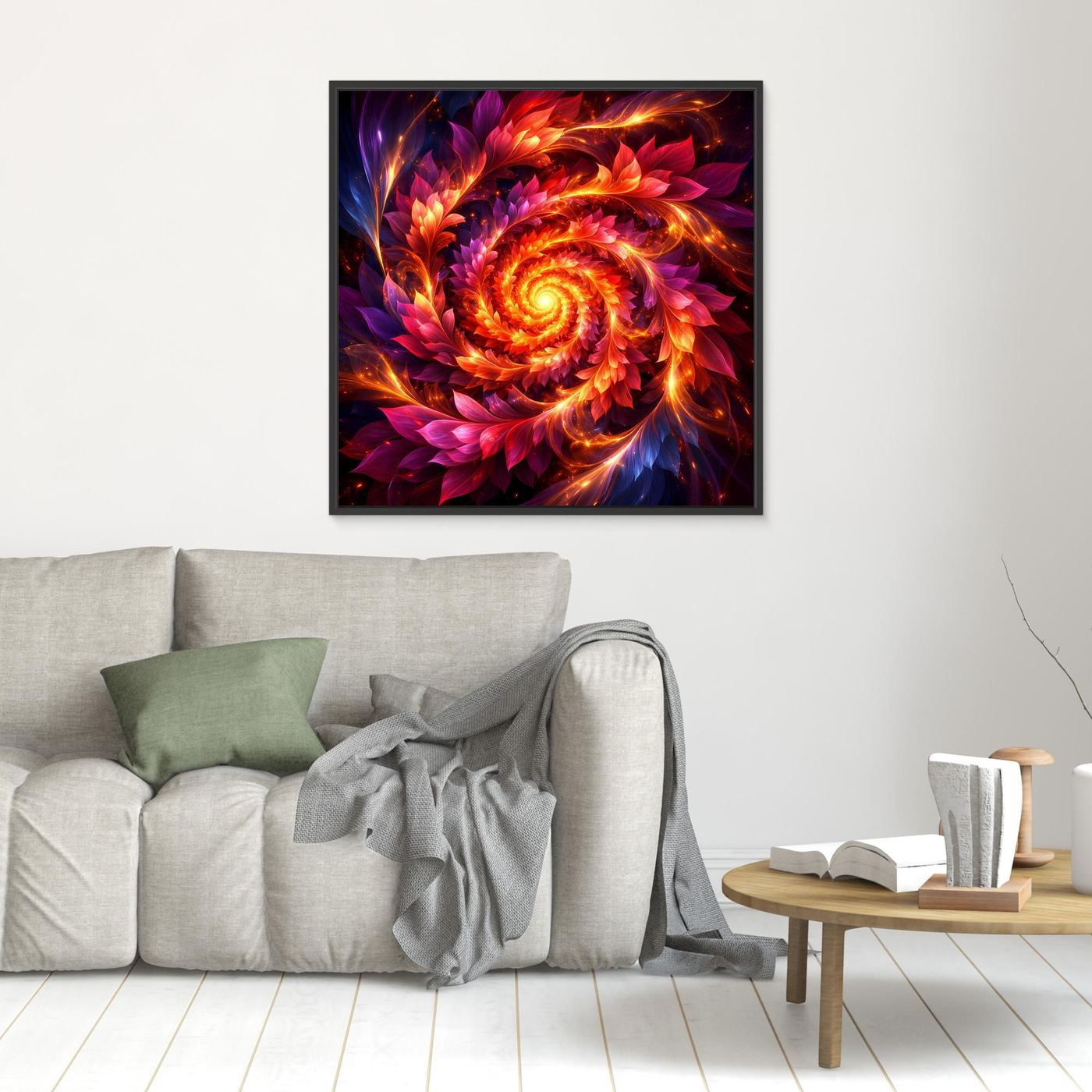 Kleines Leinwandbild mit feuriger Spirale in Orange, Rot, Lila, schwarzer Rahmen