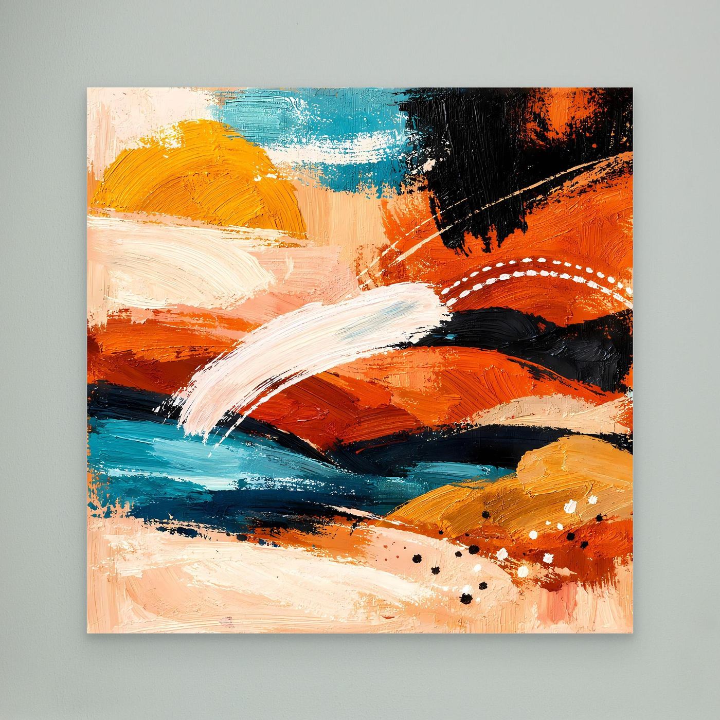 Abstract canvas wall art with terracotta, turquoise and black-and-white brushstrokes