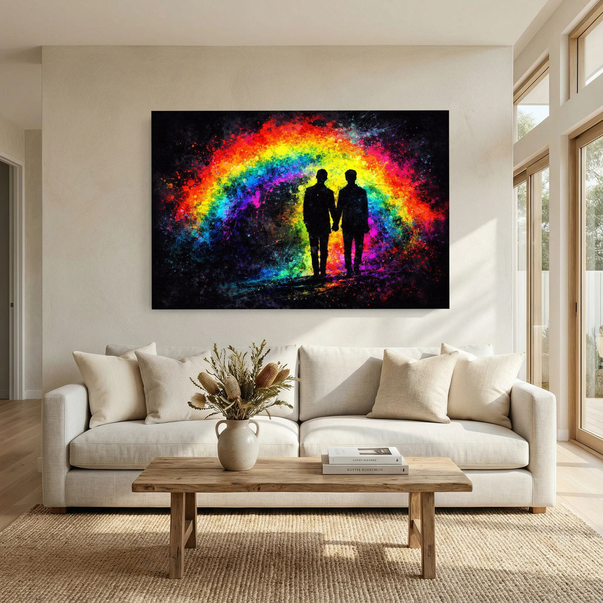 Gerahmtes Wandbild im Querformat: zwei Silhouetten vor Regenbogenbogen, farbiges Effektmotiv