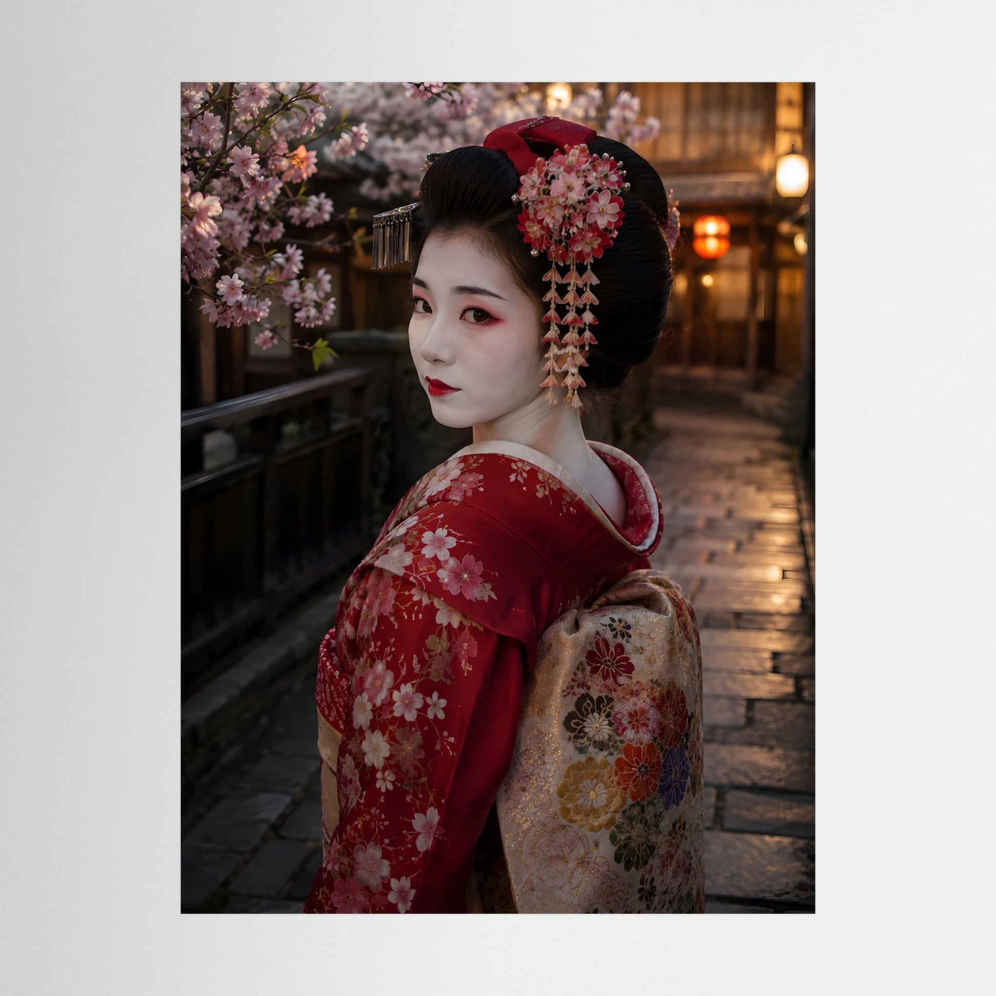 Nahaufnahme-Poster: Geisha im roten Kimono mit Kirschblüten im Haar, schwarzer Rahmen