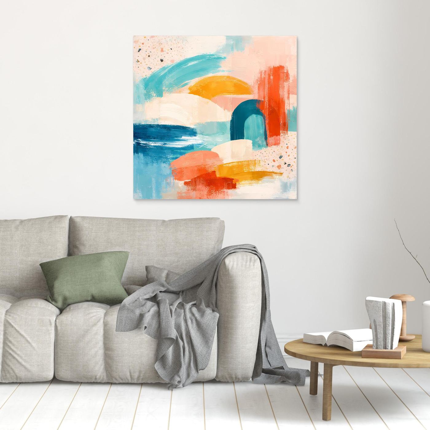 Small framed abstract pastel canvas with teal, coral, blue, and yellow brushstrokes.