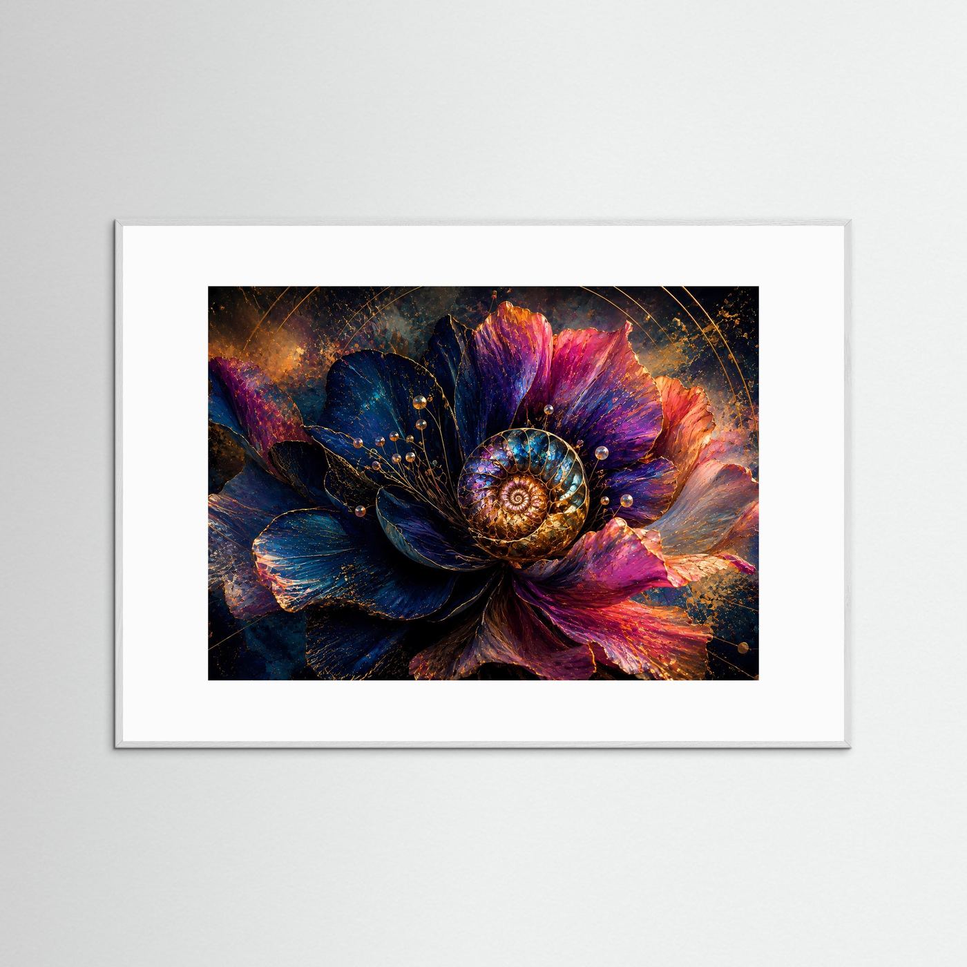 Abstrakte Blume mit Ammonit Wandbild | Luxuriöse Floral Fossil Kunst | Blau Pink Gold Modernes Poster | Elegante Botanical Wall Art | Leinwand