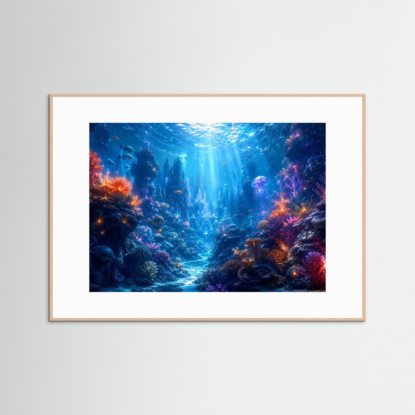 Magische Unterwasserwelt im Korallenriff | Modernes Ozean & Meeresleuchten Poster im Querformat