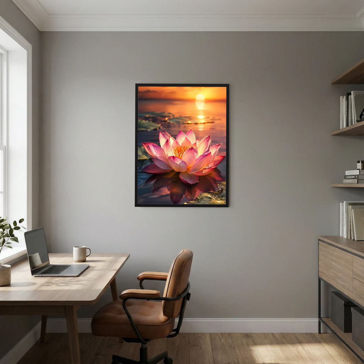Gerahmtes Wandposter im Hochformat mit pinker Lotusblüte, Meerblick und untergehender Sonne
