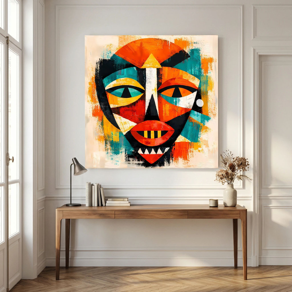 Leinwandbild mit afrikanischer Maske, kubistisches Design, leuchtende Farben im Gesicht