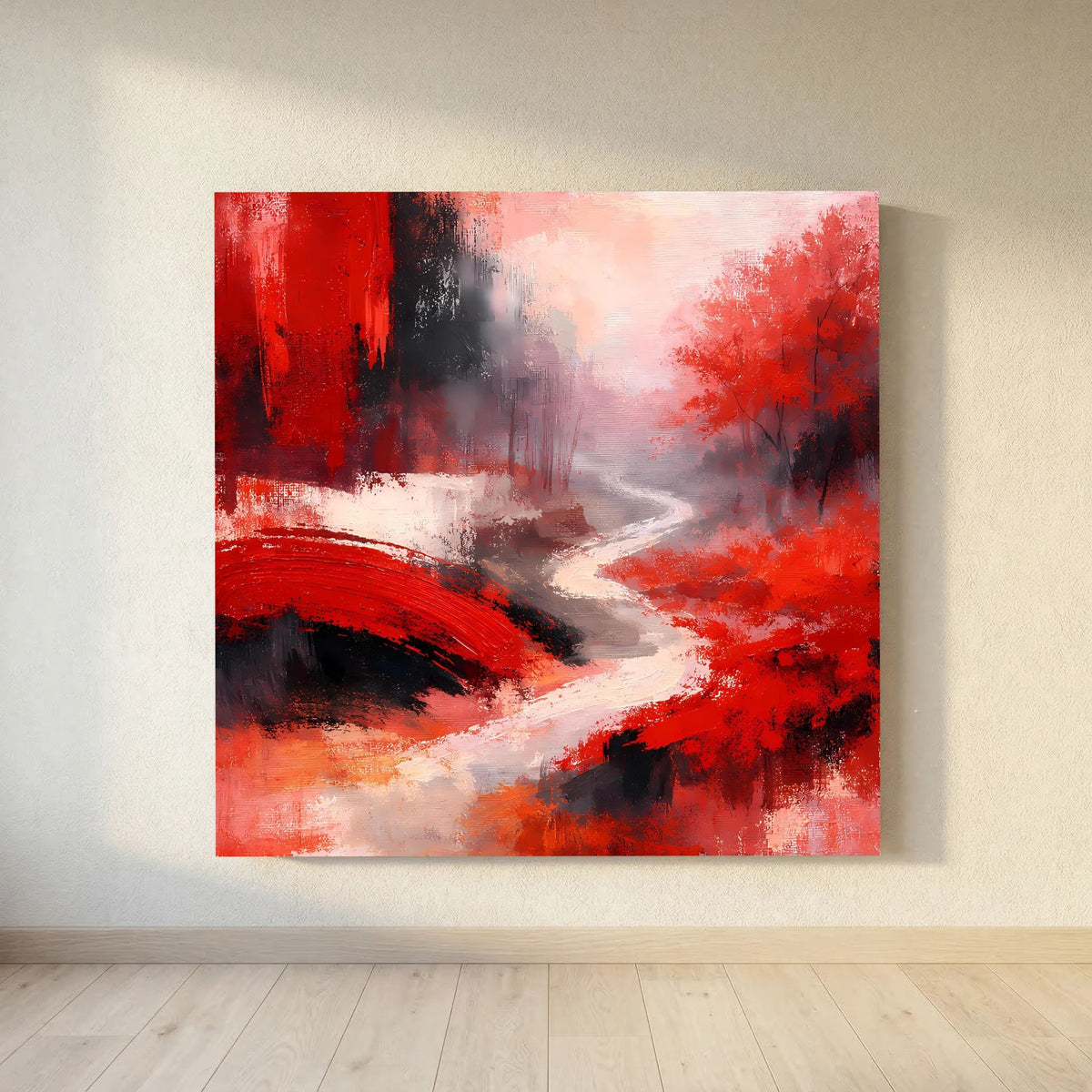 Rotes abstraktes Wandbild mit geschwungener Brückenlinie über Fluss, schwarz und weiß