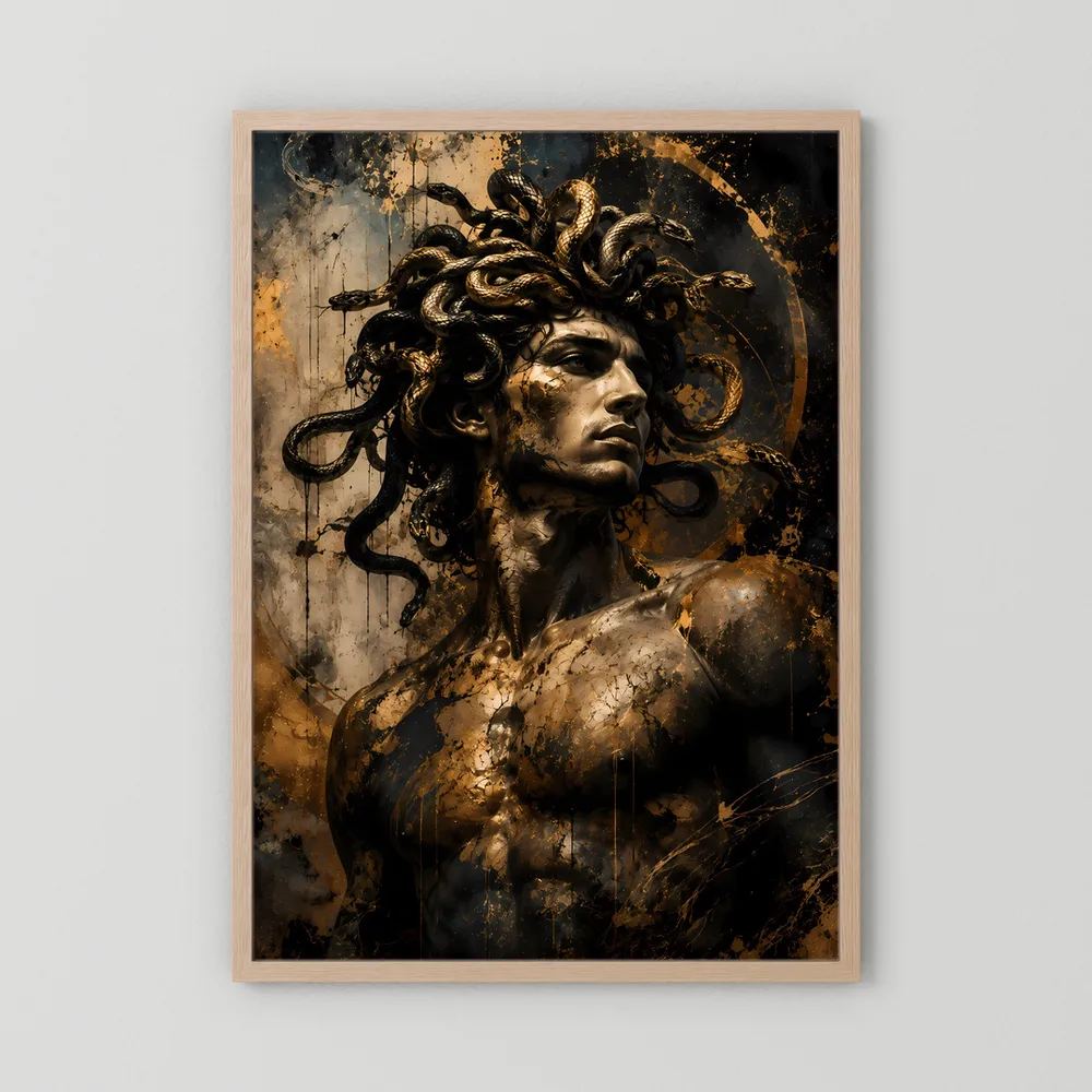 Hochformat-Poster: Medusa-Männerporträt mit Schlangen, schwarz-gold, Holzrahmen