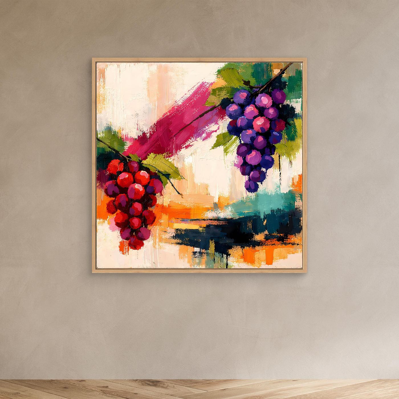 Small framed abstract grape still life canvas with red and purple grape clusters