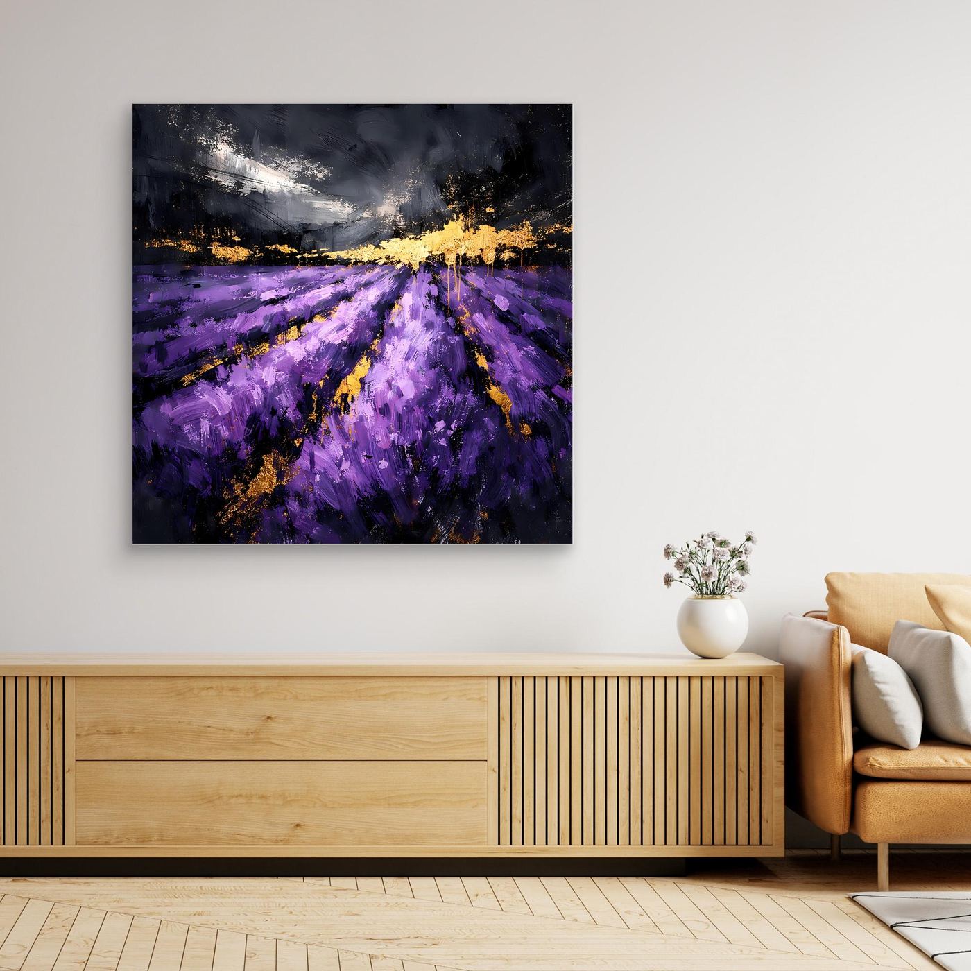 Leinwand Abstraktes Lavendelfeld in Lila und Gold | Modernes Natur Landschafts Wandbild