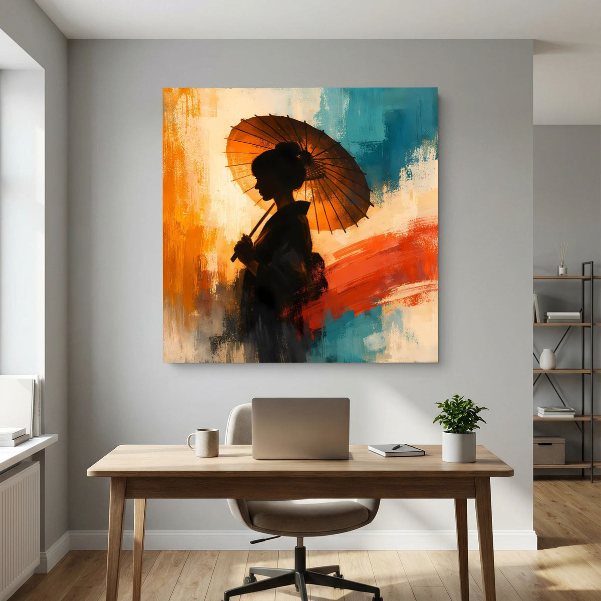 Leinwand auf Keilrahmen mit Frauensilhouette und schwarzem Sonnenschirm, orange und blau gemalt