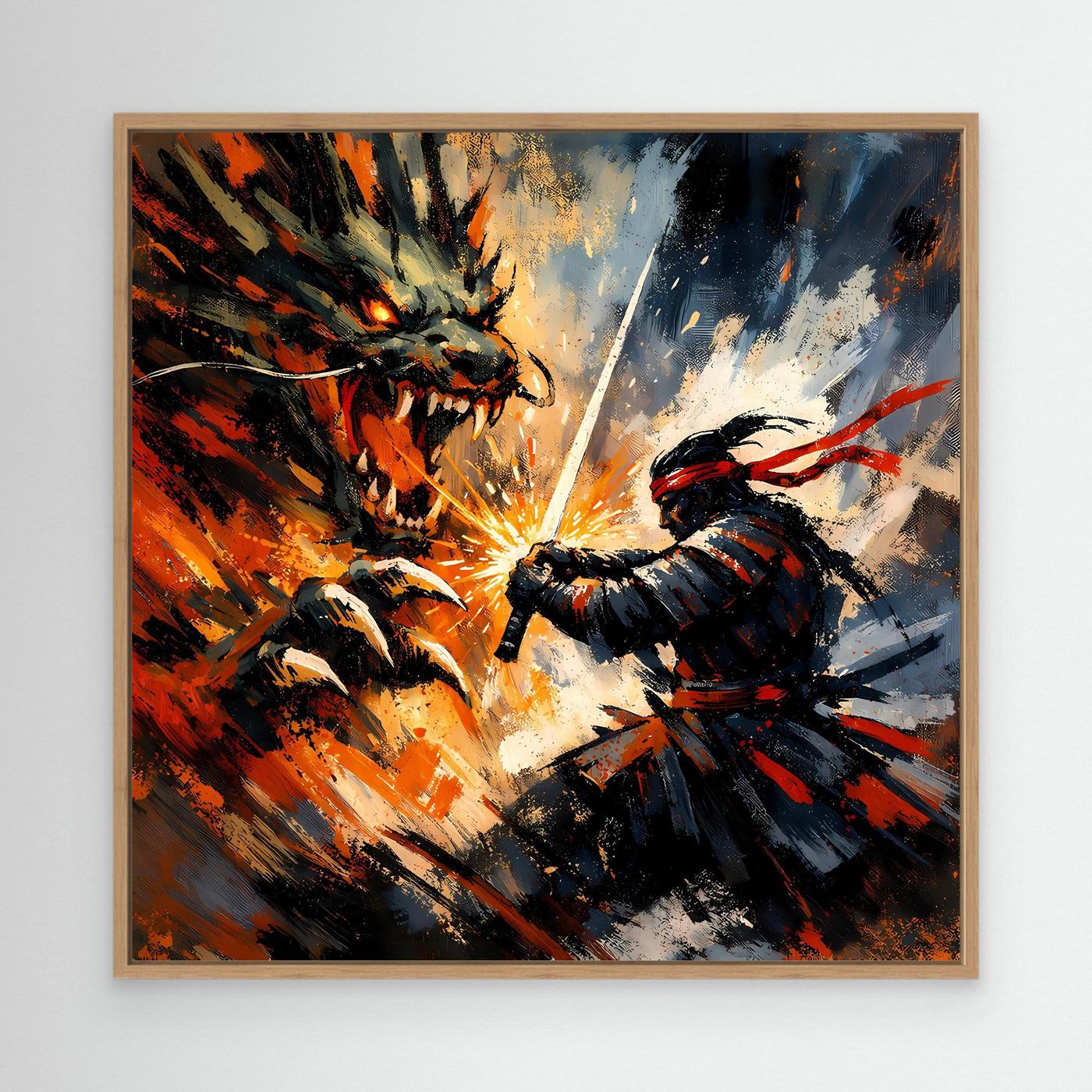 Premium Leinwand Samurai gegen Drache | Abstraktes Fantasy Wandbild Voller Dynamik & Kampfgeist