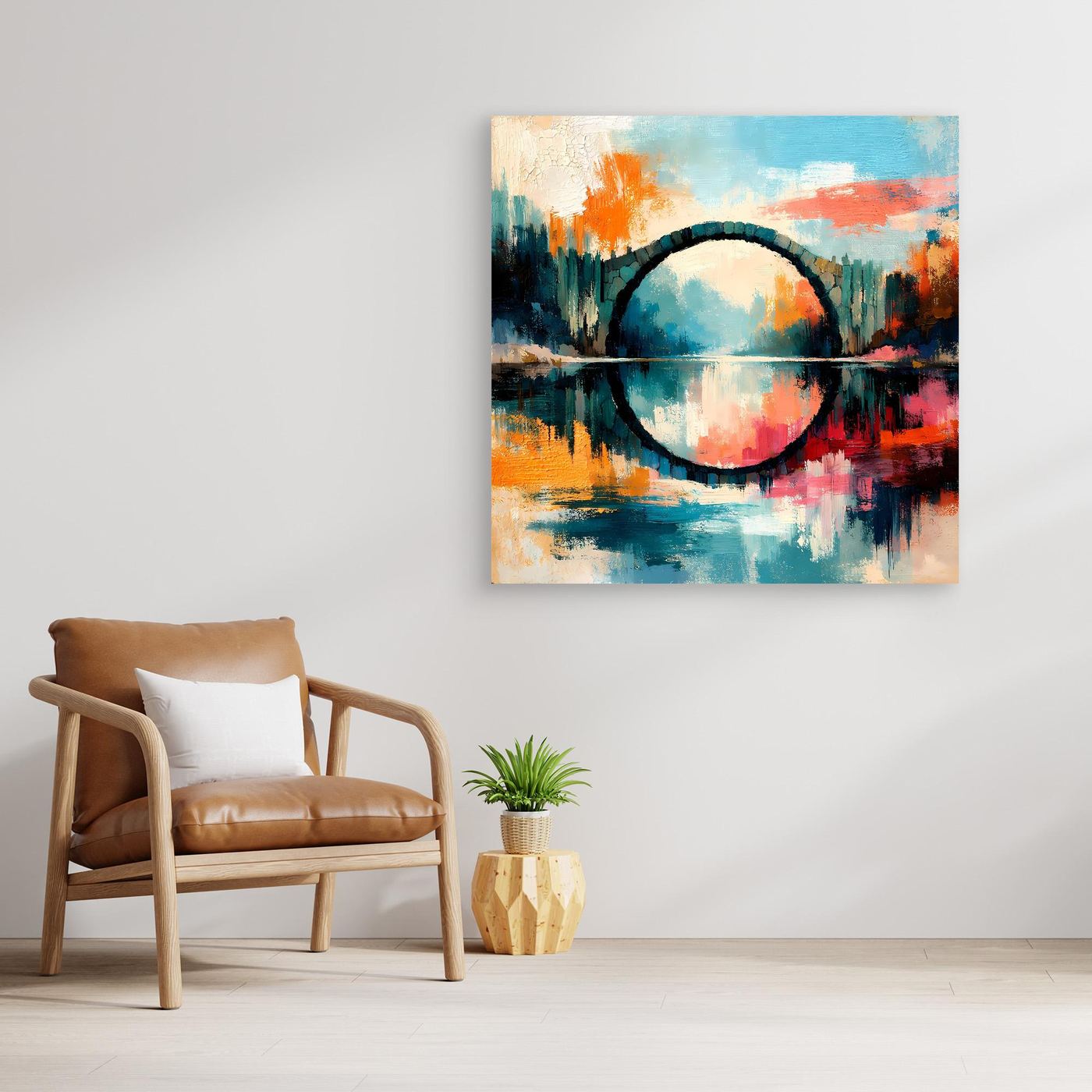 Premium Leinwand Mystische Kreisbrücke im Wasser | Abstraktes Natur Wandbild farbenfroh