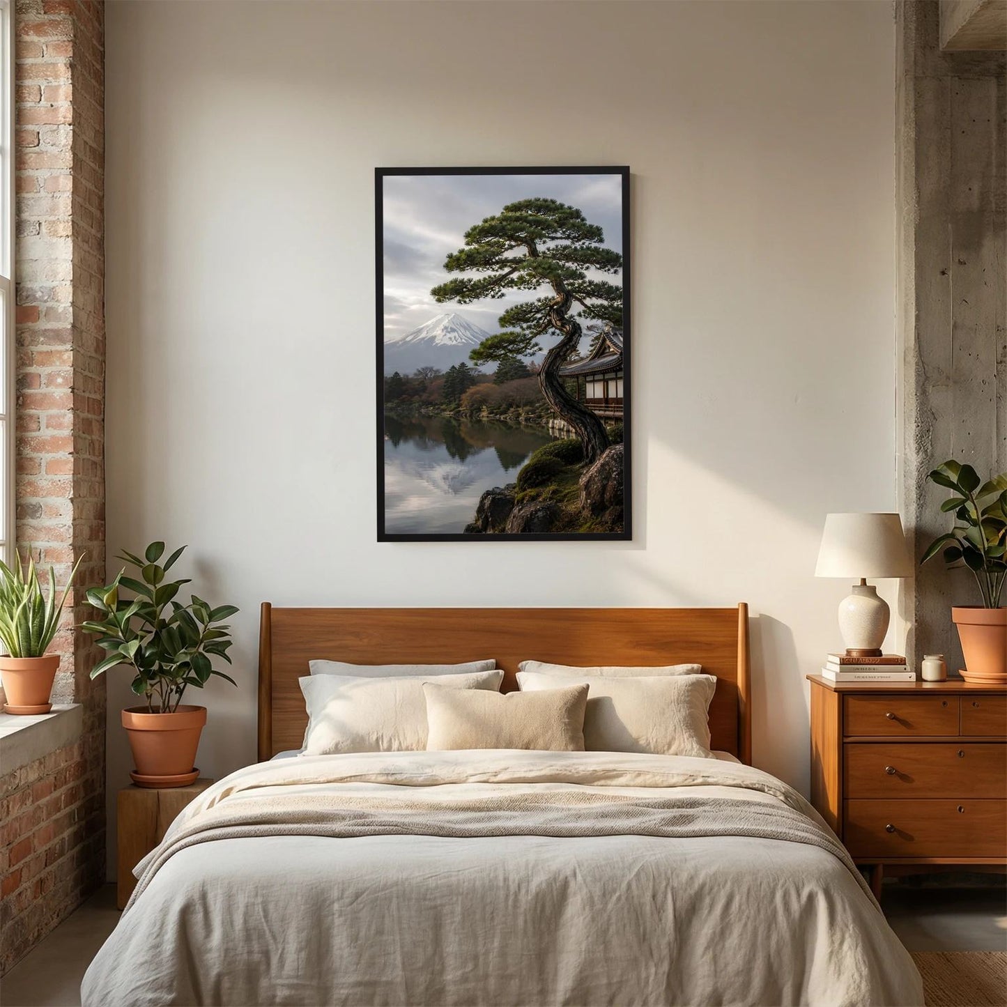 Hochformatposter mit schwarzem Rahmen, Kiefer am Tempelweg am Wasser mit Fuji