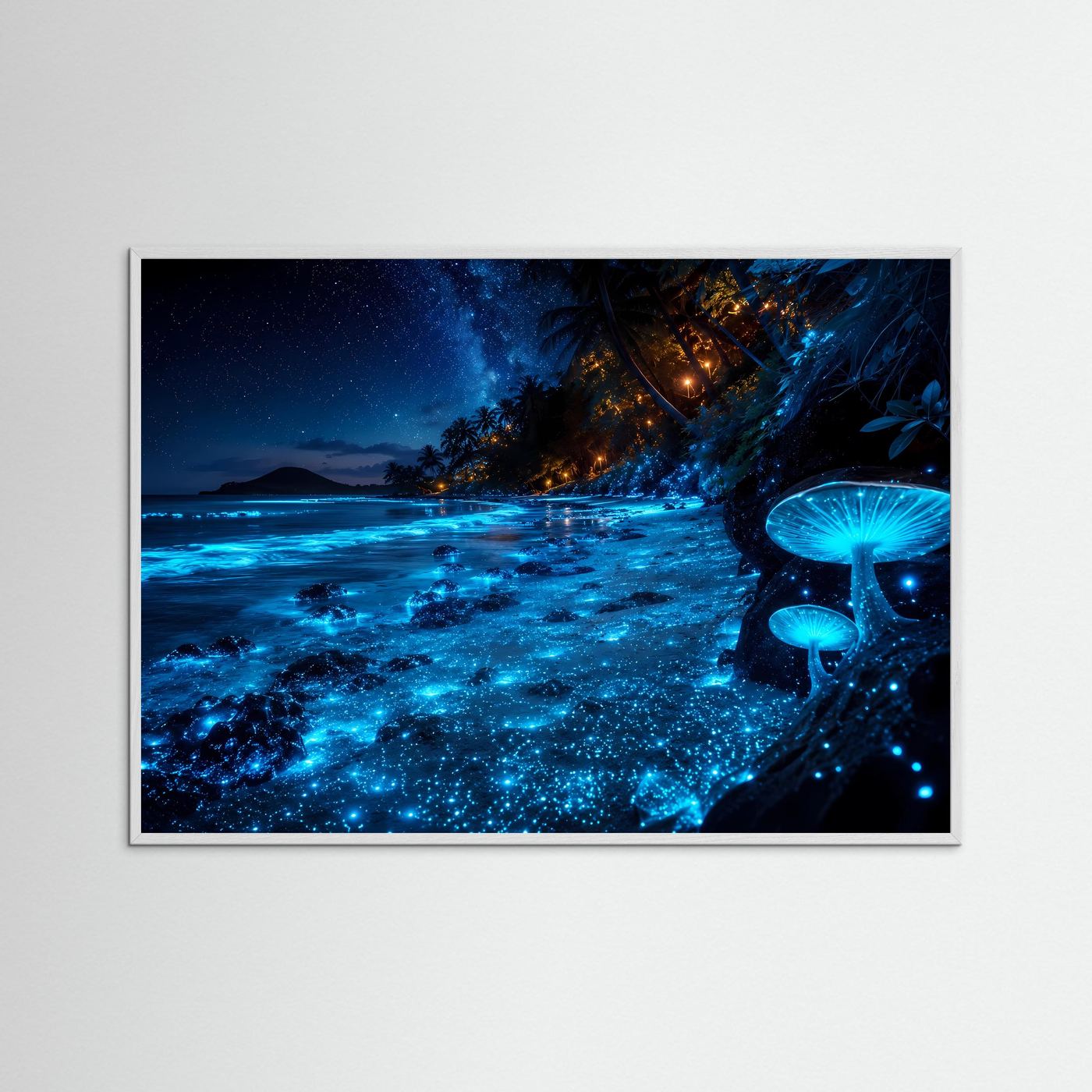 Leuchtender Nachtstrand Poster | Biolumineszenter Strand mit Sternenhimmel | Tropische Küste Wandbild | Magische Meereslandschaft | Moderne Wall Art
