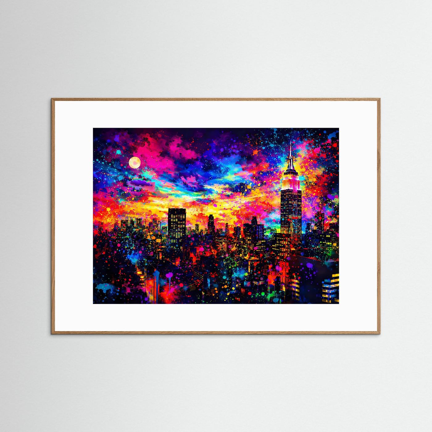Wandbild mit brauner Holz-Einfassung und weißem Passepartout, Skyline in bunten Farben bei Nacht