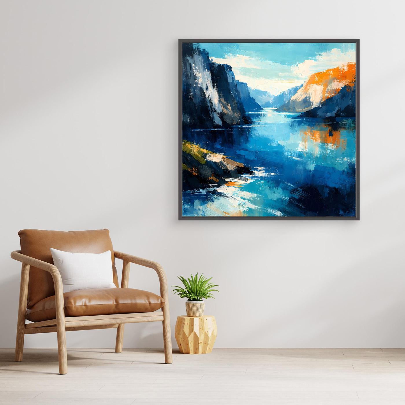 Leinwand Abstraktes Fjord Gemälde | Modernes Norwegisches Wandbild Blau Orange